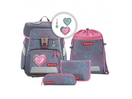 Školní aktovka SPACE pro prvňáčky - 5dílný set, Step by Step Glitter Heart Hazle