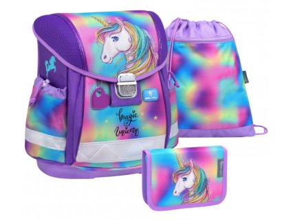 Školní aktovka s jednorožcem Belmil Classy – Rainbow Color Unicorn, set 3 díly