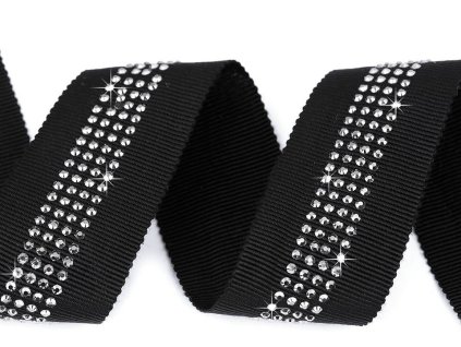 Lampas / rypsová stuha s broušenými kamínky šíře 30 mm (Balení 1 m, Varianta černá šedá)