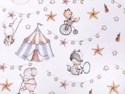 Bavlněná látka / plátno zvířátka v cirkusu (Balení 1 m, Varianta 2 (892) bílá modrá)