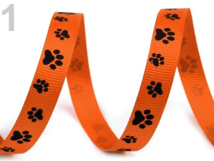 Rypsová stuha / popruh šíře 10 mm potisk tlapky - oranžová neon