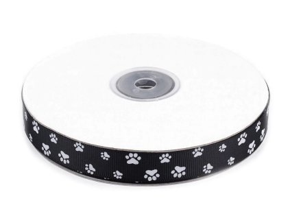 Rypsová stuha / popruh šíře 15 mm potisk tlapky - černá