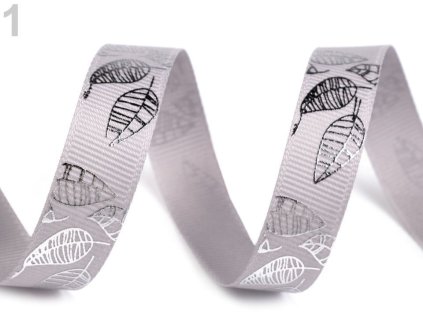 Rypsová stuha šíře 15 mm s listy - šedá/stříbrná (5m)