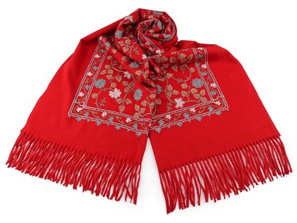 Velký teplý šátek / pléd vyšívaný s třásněmi, typu kašmír 68x165 cm (Balení 1 ks, Varianta 1 krémová nejsvět.)