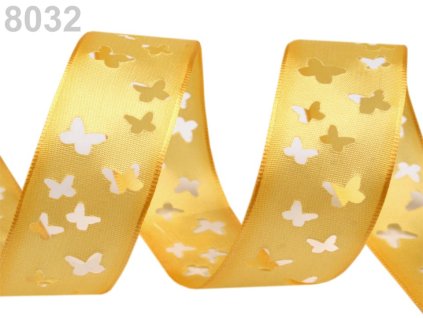 Atlasová stuha na drátku s výseky motýlků š.25 mm - žlutá