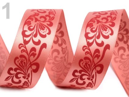 Atlasová stuha s ornamrntem šíře 25 mm - růžová