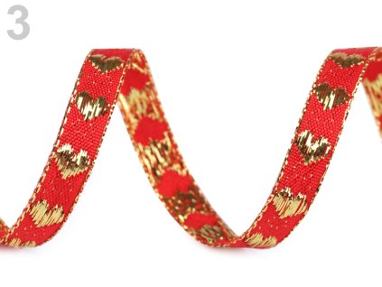 Stuha srdce s lurexem 10 mm - červená,zlatá (10m)
