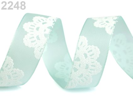 Stuha krojovaný květ s drátem šíře 25 mm - mentolová
