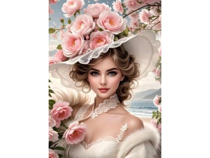 33834 5 diamantovy obrazek dama s kvetinovym kloboukem 30 x 40 cm