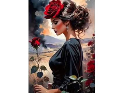 33846 5 diamantovy obrazek profil damy s ruzemi 30 x 40 cm