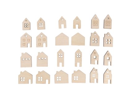 Dřevěné ozdoby, 2,5–3,5 cm - domečky (24ks)