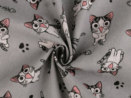 Bavlněná metráž / imitace lnu hrubší, kočka (Balení 1 m, Varianta šedá světlá)