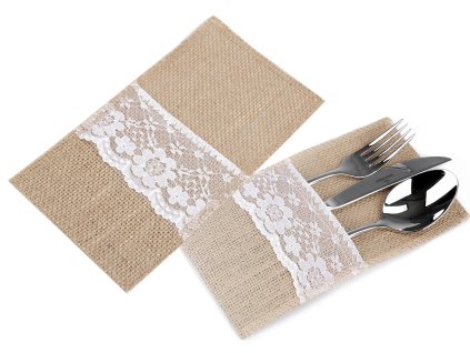 Jutová kapsa na příbory s krajkou 11x20 cm - režná (4ks)
