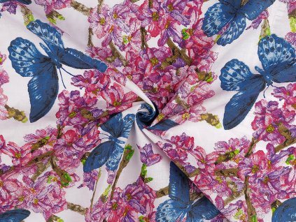 Bavlněná látka / plátno květy / motýli šíře 220 cm (Balení 1 m, Varianta bílá)