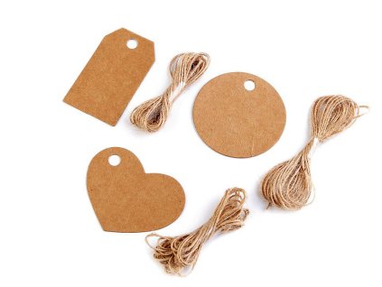 Visačka / jmenovka s jutovým provázkem srdce, kolečko (Balení 1 sáček, Varianta 3 hnědá přírodní)