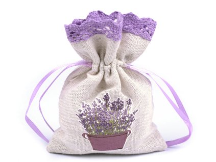 Dárkový pytlík s potiskem levandule 9x12 cm (Balení 3 ks, Varianta 2 režná světlá levandule)