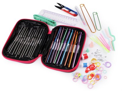 Sada kovových háčků a pomůcek na háčkování v pouzdře (Balení 1 sada, Varianta pink)