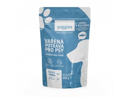 650g Yoggies Vařená potrava pro psy – losos a bílá ryba s chia semínky a kloubní výživou