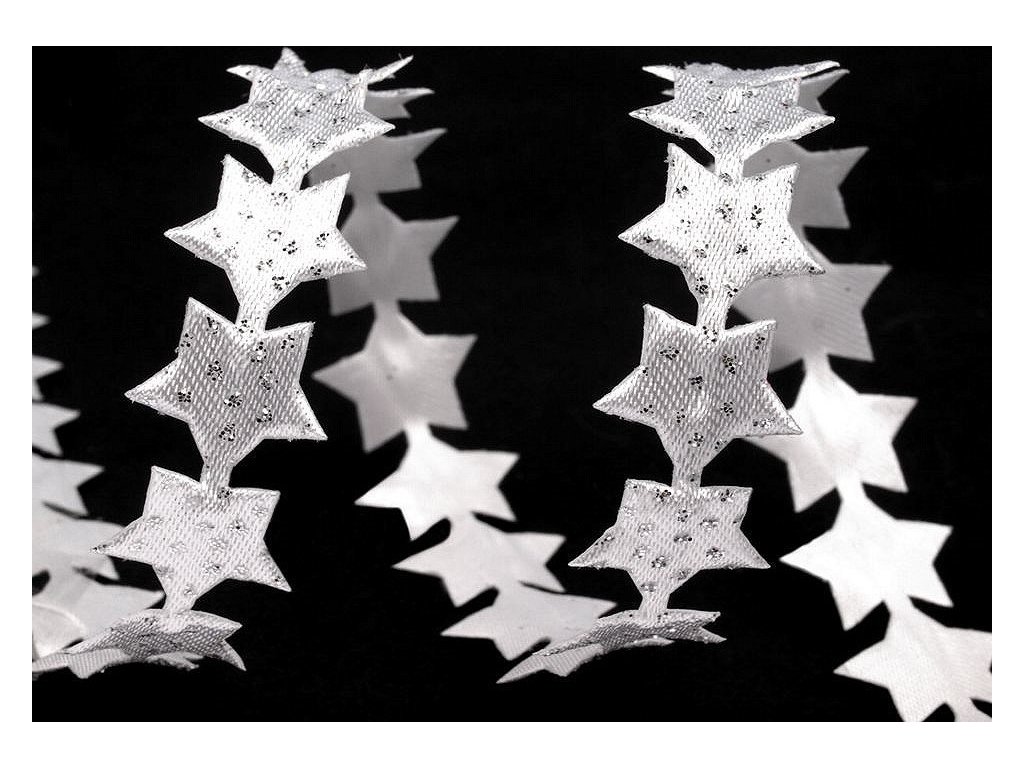 Saténový prýmek šíře 14 mm hvězda s glitry vánoční