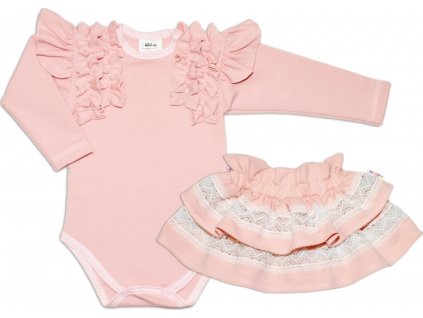 BABY NELLYS 2-dílná sada, body dl.rukáv + suknička s krajkou a volánky, vel. 74, pudrová 74 (6-9m)