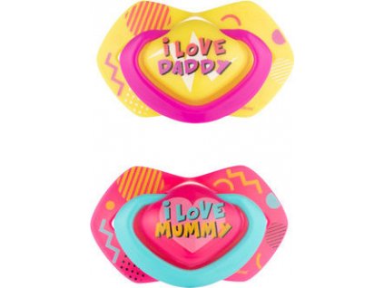 Canpol Babies Canpol Babies 2 ks symetrických silikonových dudlíků, 6-18m, Neon Love Baby, růžovo, žluté
