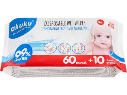 Dětské vlhčené ubrousky Akuku 99% vody 60 + 10 ks ZDARMA