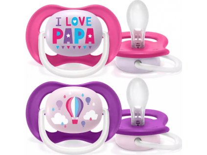 AVENT AVENT Dudlík Ultra Air Animals, 6-18m - I Love Papa, růžový/lila