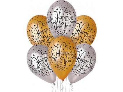 Prémiové balónky "Happy New Year", zlato a stříbro, 12" / 6 ks.
