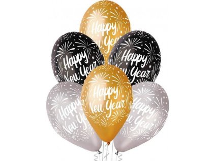 Prémiové balónky "Happy New Year", zlaté, stříbrné, černé, 12" / 6 ks.