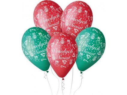 Prémiové balóniky "Merry Christmas", červené a zelené, 12"/5 ks.