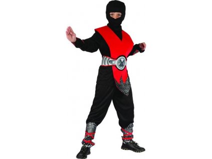 Red Ninja set (triko, kapuce, kalhoty, chránič, pásek, chrániče rukou a nohou), velikost 110/120 cm