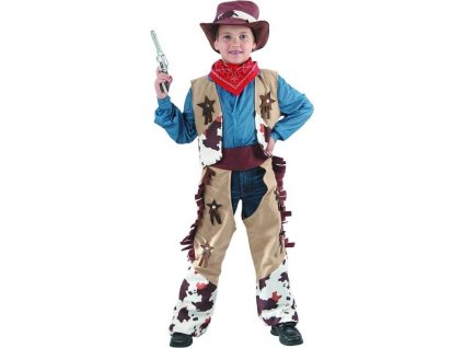 Piebald Cowboy set (vesta, návleky na kalhoty, čepice, šála), velikost 120/130 cm