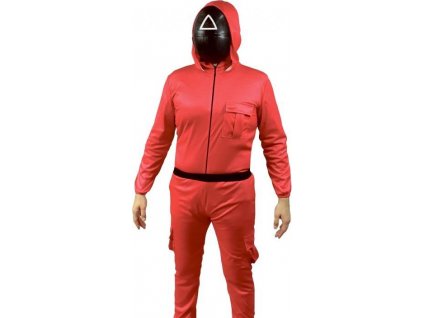 Color Game Costume, Red - Triangle (kombinéza s kapucí, pásek, maska), velikost 56