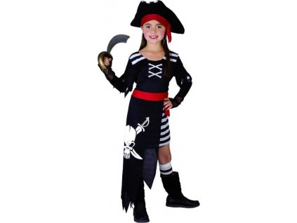 Pirátska súprava s lebkou (šaty s opaskom a rukávmi, klobúk), veľkosť 110/120 cm