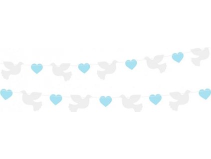 Papírová girlanda Holubice (10x8 cm), modré srdce (5x4 cm), 150 cm