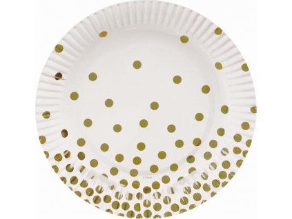 Papírové talíře bílé, zlaté puntíky, 18 cm, 6 ks.