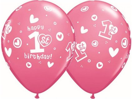 Balón QL 11" s potlačou "1st Happy Birthday", pastelovo ružový / 25 ks.