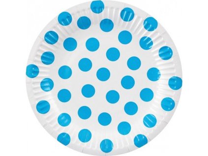 Papírové talíře bílé, modré puntíky, 18 cm, 6 ks.