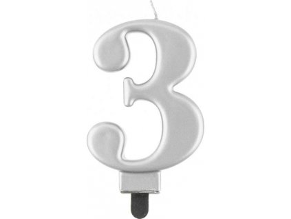 B&C svíčka, číslo 3, metalická stříbrná, 8,0 cm