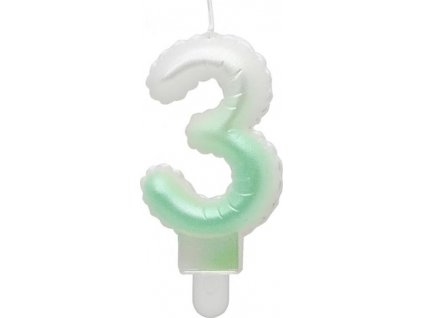 Svíčka číslo 3, ombre, perleťově bílá a zelená, 7 cm