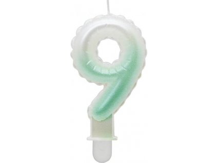 Svíčka číslo 9, ombre, perleťově bílá a zelená, 7 cm