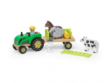 Viga Dřevěný traktor s přívěsem a zvířaty