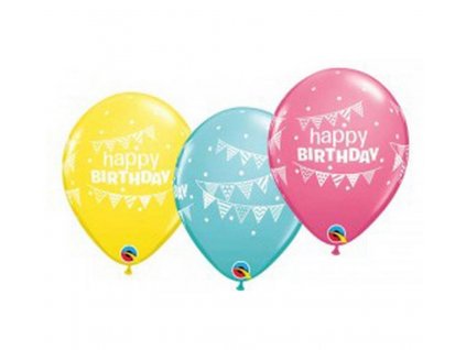 Balón QL 11" s potlačou "Happy Birthday Pennants & Dots", špeciálny pastelový mix / 25 ks.