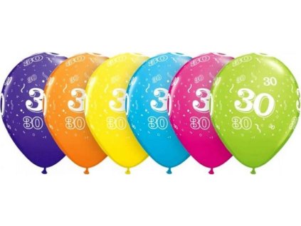 Balón QL 11" s potiskem "30", pastelový tropický mix / 6 ks ST ASSORT