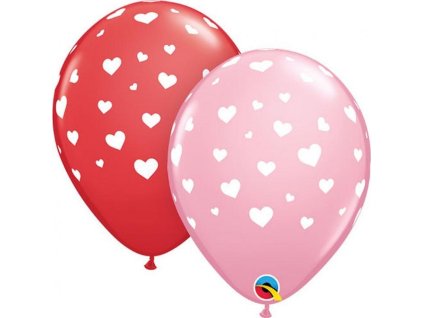 Balón QL 11" s potiskem srdce (mix růžová, červená) / 25 ks.