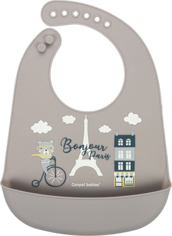 Canpol Babies Canpol babies Silikonový bryndák s kapsičkou, Bonjour Paris - šedý
