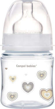 CANPOL 35/216 Širokohrdlá antikoliková láhev Easystart Newborn Baby 120 ml béžová srdíčka