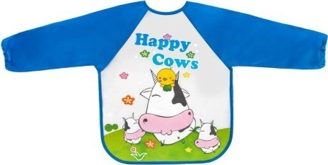 BocioLand Zástěrka, bryndák nepromakavý s dlouhým rukávem, Happy Cows, modrá