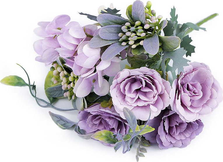 Umělé kytice růže, hortenzie Varianta: 5 fialová sv., Balení: 1 ks