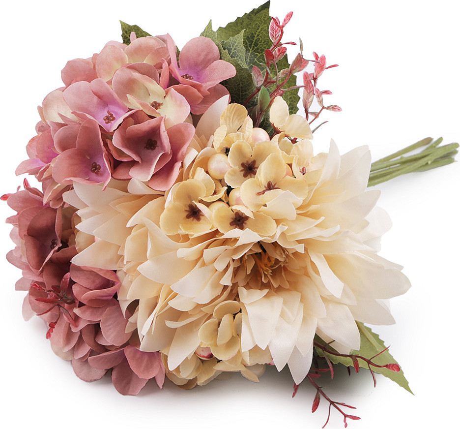 Umělá kytice chryzantéma, hortenzie Varianta: 2 starorůžová krémová, Balení: 1 svaz.